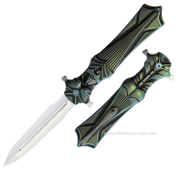 Rike Amulet Flipper Folding Knife, M390 Double Edged, Titanium Green, RKAMULETBGR